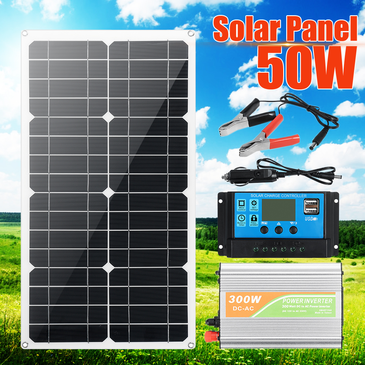 18V-Solar-Power-System-Solar-Panel-Battery-Charger-300W-Inverter-10A-Controller-Kit-1816497-1