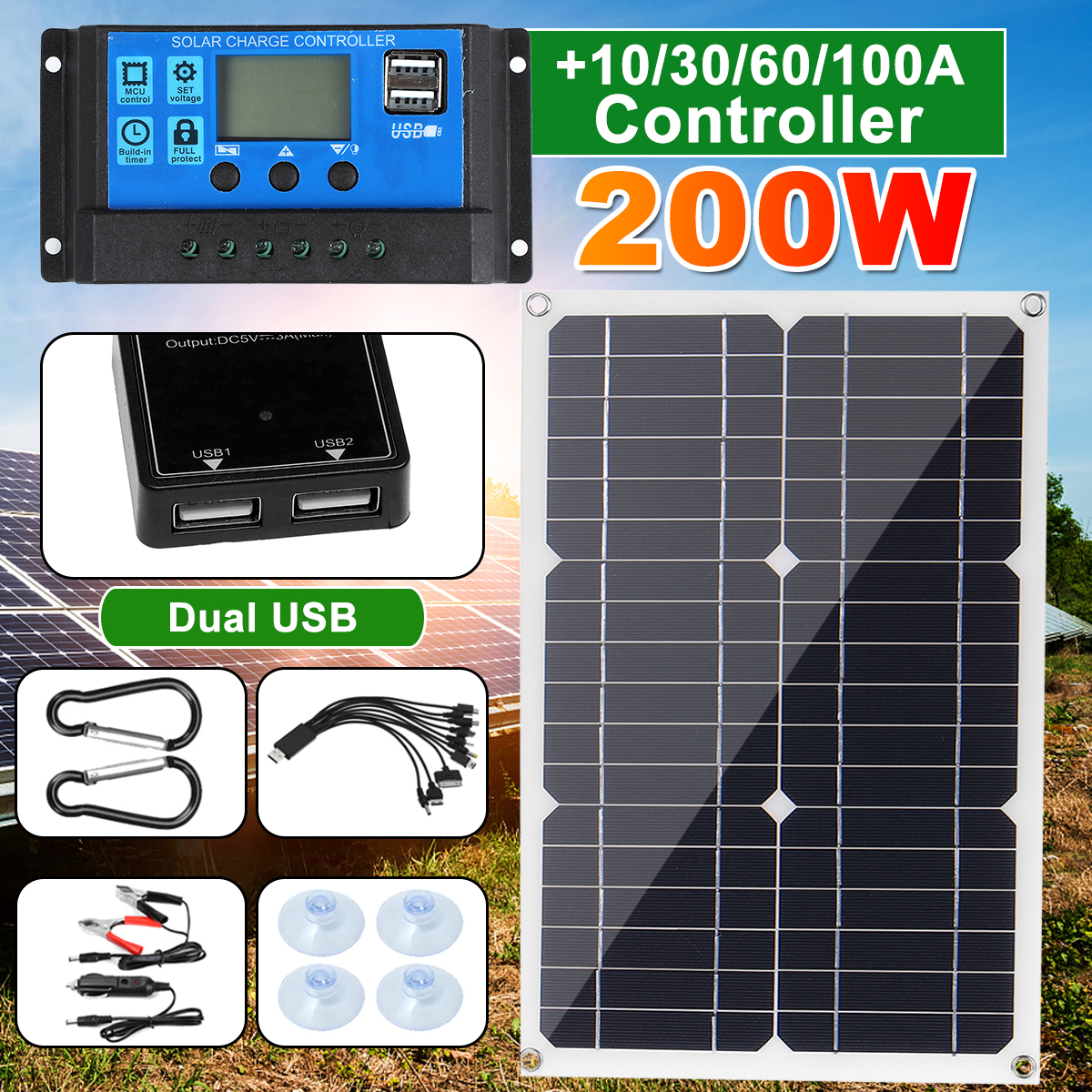 200W-Portable-Solar-Panel-Kit-Dual-DC-USB-Charger-Kit-W-None10A30A60A100A-Solar-Controller-Monocryst-1851663-1