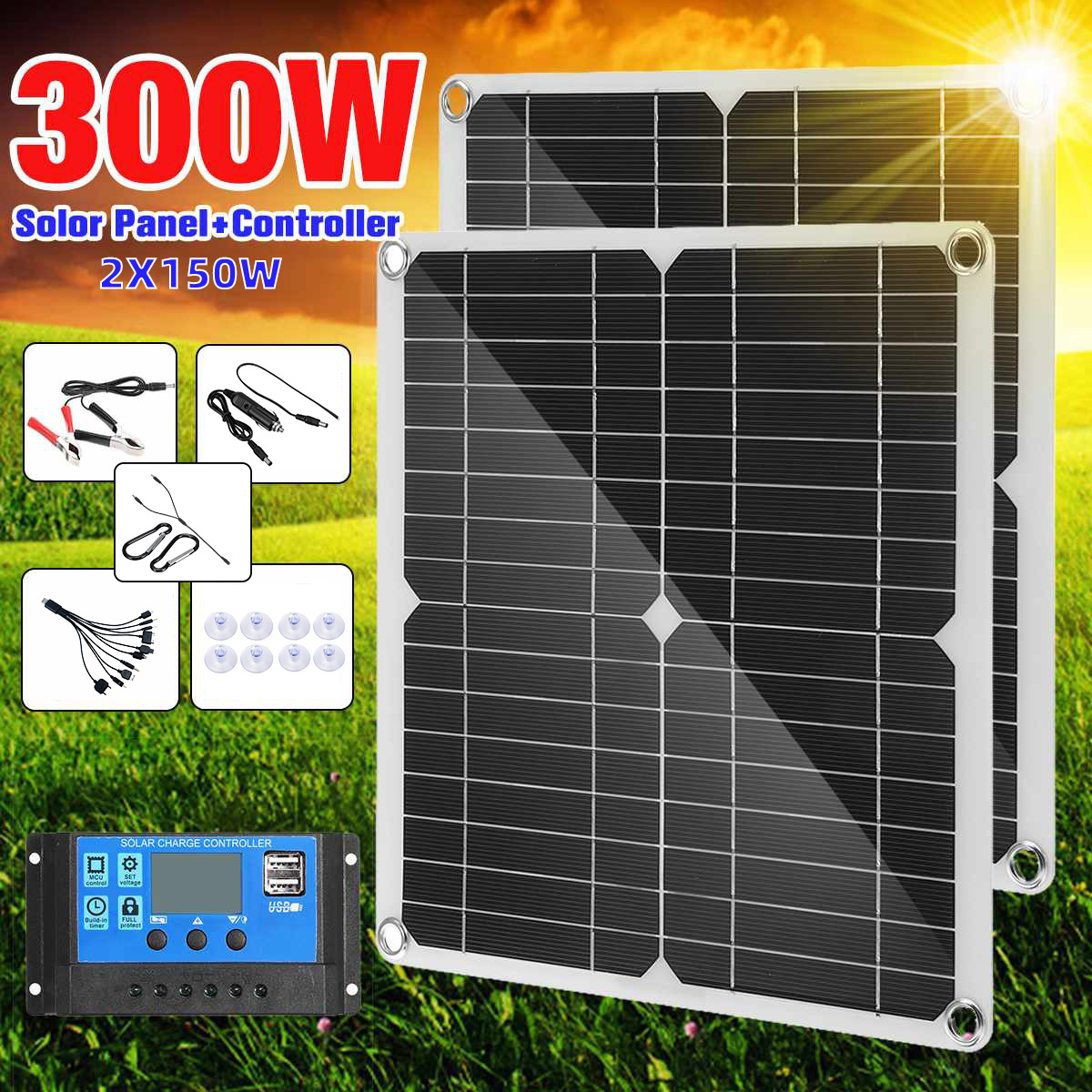 300W-18V-Solar-Panel-Kit-2-in-1-RV-Photovoltaic-System-2Pcs-Solar-Power-Panel-1842706-1