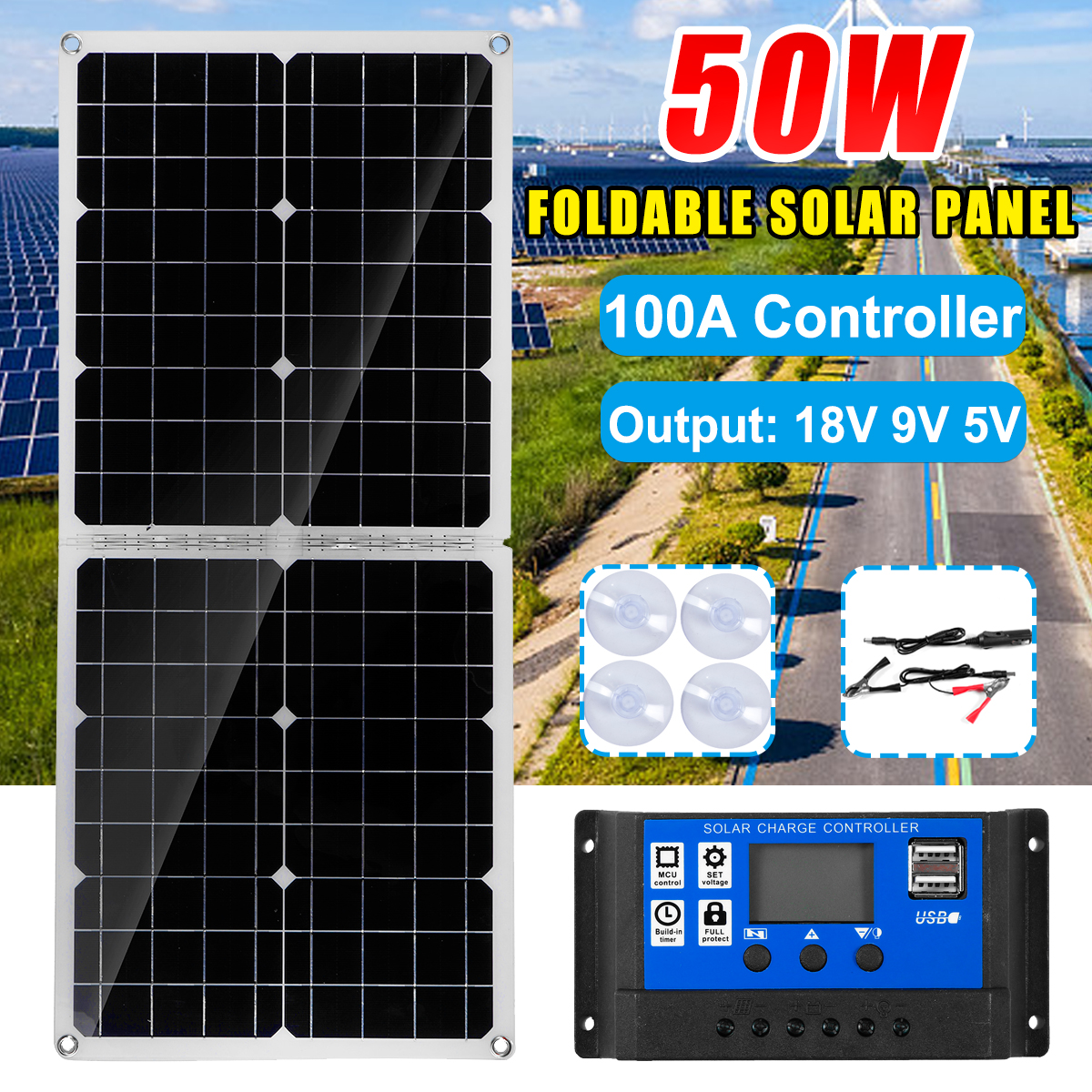 50W-Foldable-Solar-Panel-Solar-100A-Controller-for-Car-Van-Boat-Caravan-Camper-Trickle-Battery-Charg-1925209-1
