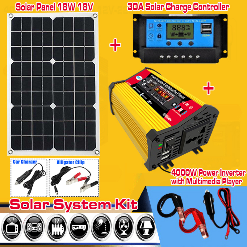 Solar-Power-Generation-System-Kit-Dual-USB-18W-18V-Mono-Solar-Panel-4000W-Power-Inverter-w-Bluetooth-1876239-1
