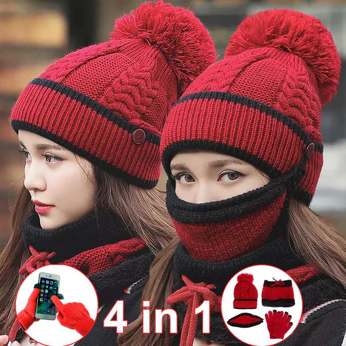 4PCS--Set-Winter-Thicken-Warm-Windproof-Women-Touch-Screen-Gloves--Neckerchief-Scarf--Knitted-Pompom-1777028-2