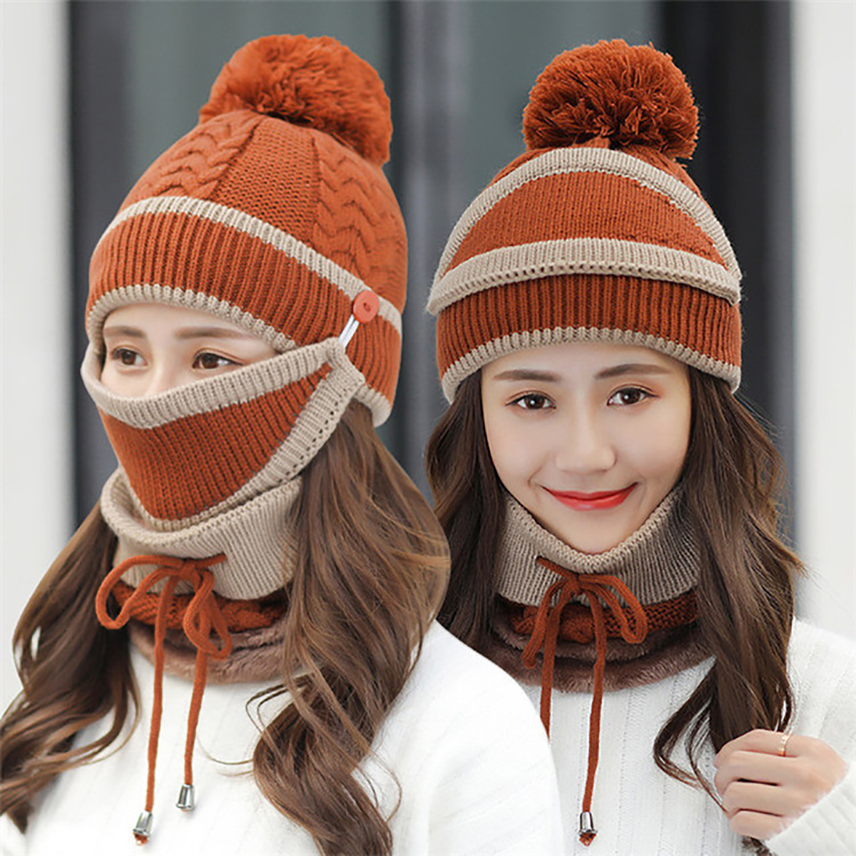 4PCS--Set-Winter-Thicken-Warm-Windproof-Women-Touch-Screen-Gloves--Neckerchief-Scarf--Knitted-Pompom-1777028-11