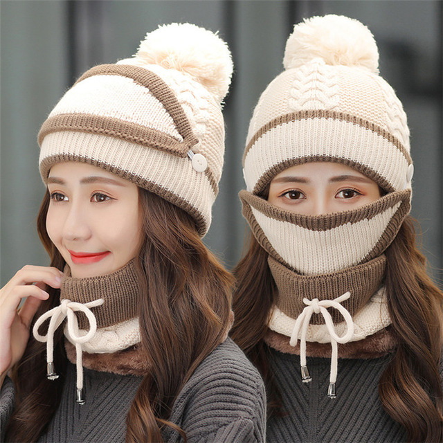 4PCS--Set-Winter-Thicken-Warm-Windproof-Women-Touch-Screen-Gloves--Neckerchief-Scarf--Knitted-Pompom-1777028-13