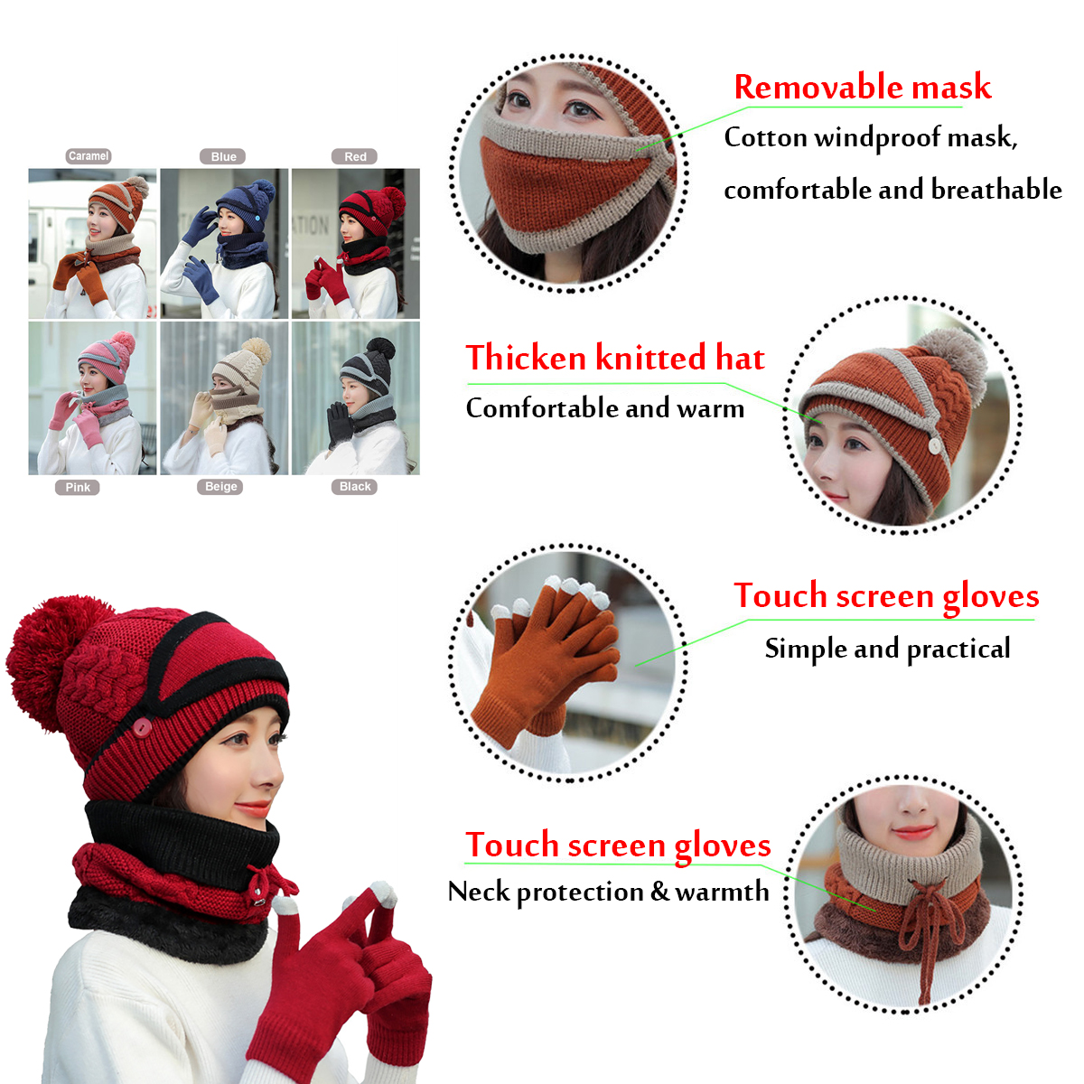 4PCS--Set-Winter-Thicken-Warm-Windproof-Women-Touch-Screen-Gloves--Neckerchief-Scarf--Knitted-Pompom-1777028-3