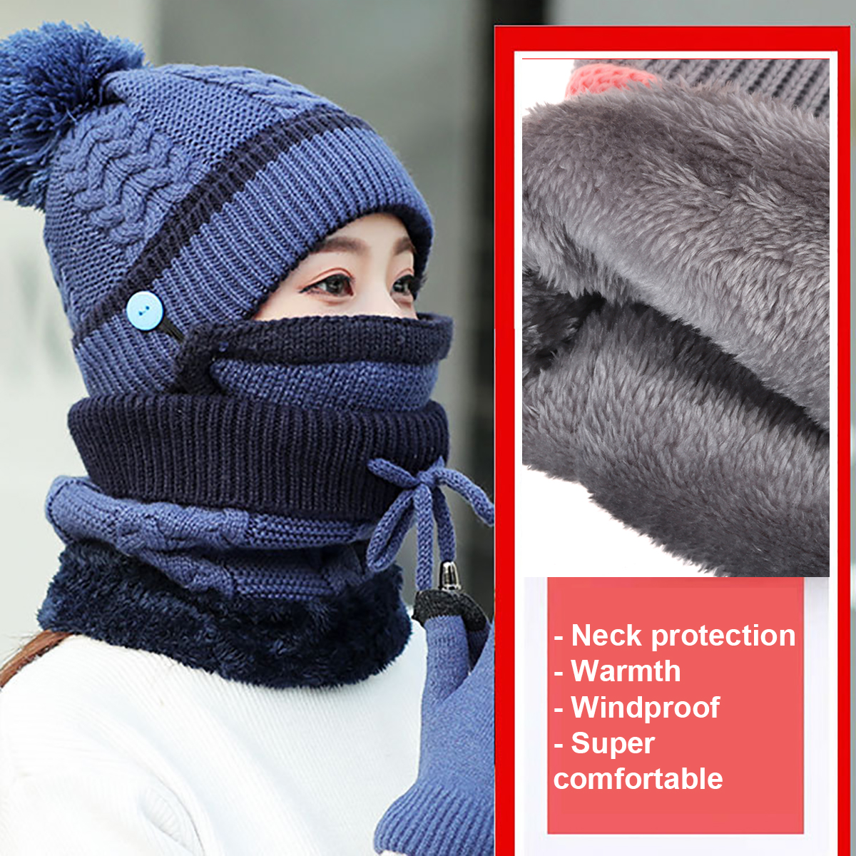 4PCS--Set-Winter-Thicken-Warm-Windproof-Women-Touch-Screen-Gloves--Neckerchief-Scarf--Knitted-Pompom-1777028-4