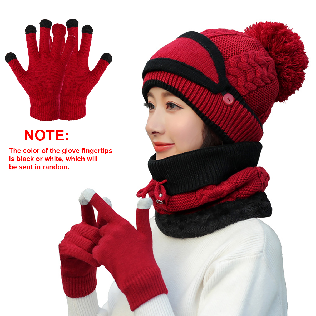 4PCS--Set-Winter-Thicken-Warm-Windproof-Women-Touch-Screen-Gloves--Neckerchief-Scarf--Knitted-Pompom-1777028-5