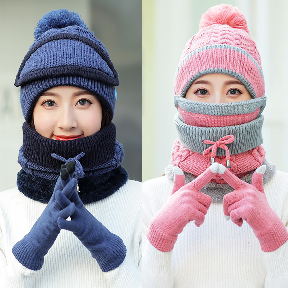 4PCS--Set-Winter-Thicken-Warm-Windproof-Women-Touch-Screen-Gloves--Neckerchief-Scarf--Knitted-Pompom-1777028-6