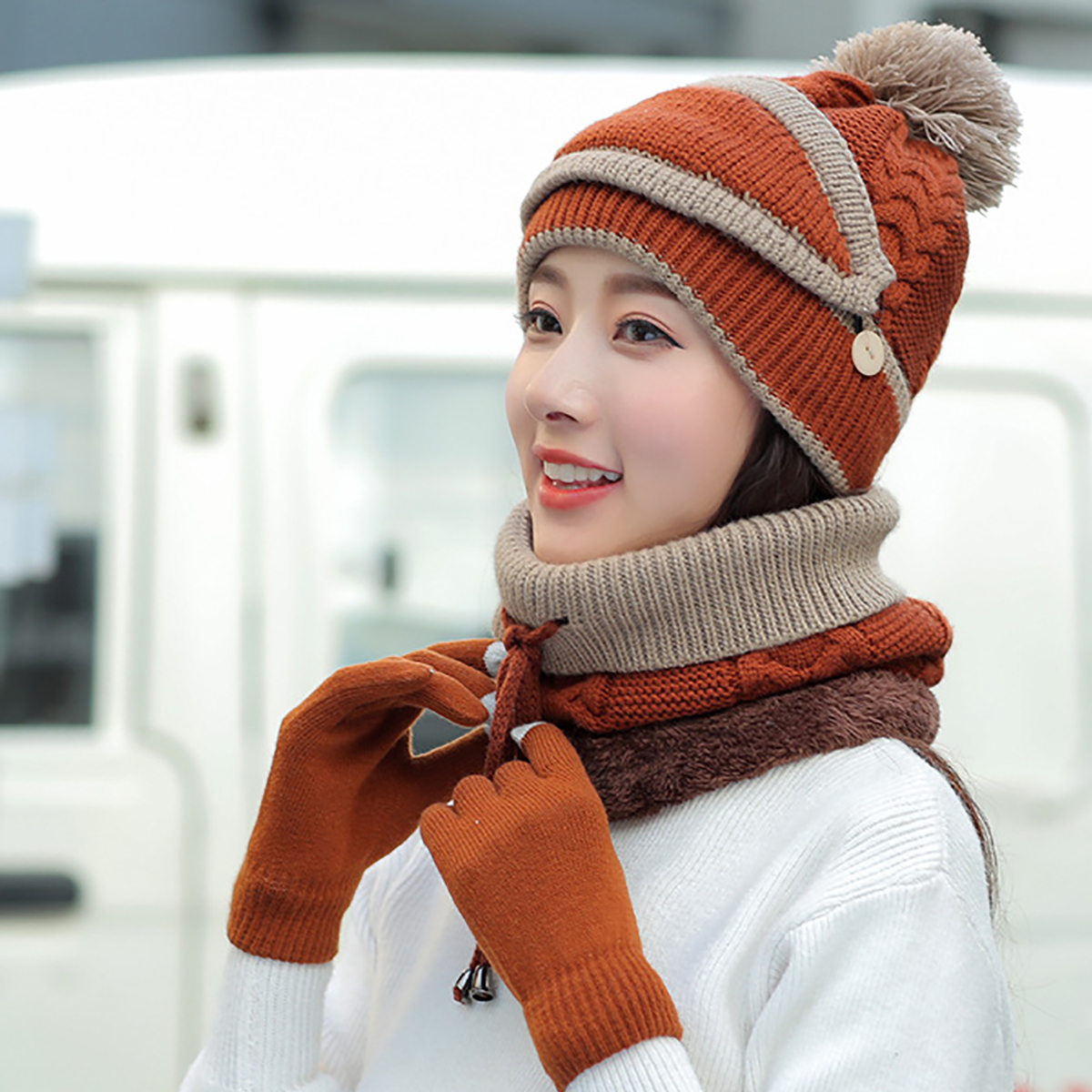 4PCS--Set-Winter-Thicken-Warm-Windproof-Women-Touch-Screen-Gloves--Neckerchief-Scarf--Knitted-Pompom-1777028-8