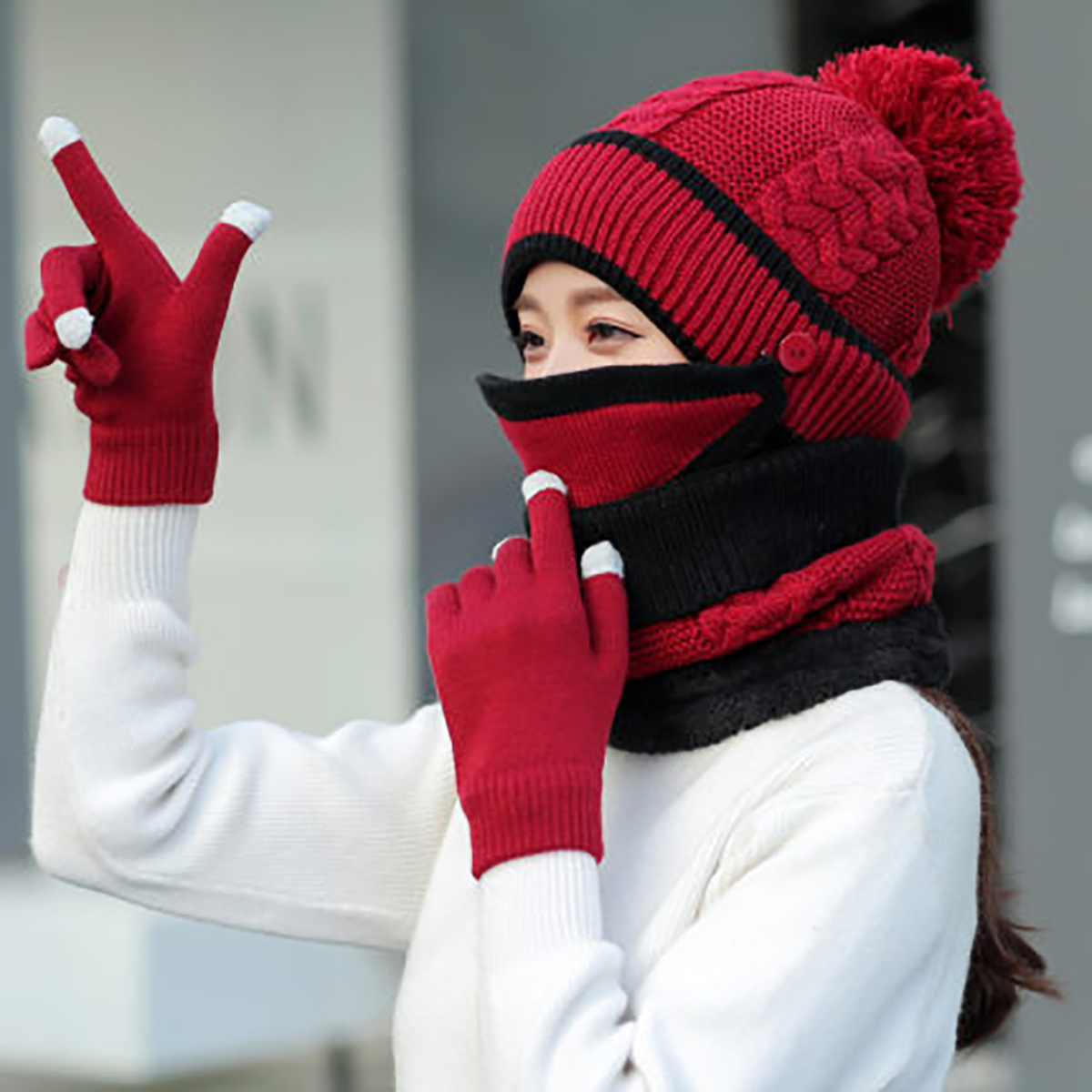 4PCS--Set-Winter-Thicken-Warm-Windproof-Women-Touch-Screen-Gloves--Neckerchief-Scarf--Knitted-Pompom-1777028-9