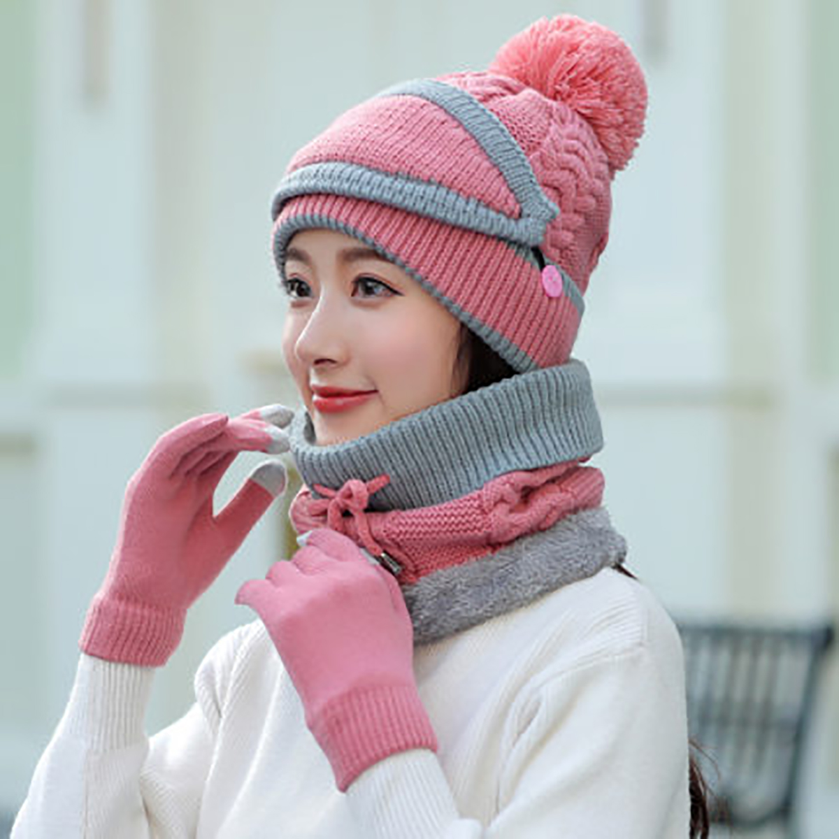 4PCS--Set-Winter-Thicken-Warm-Windproof-Women-Touch-Screen-Gloves--Neckerchief-Scarf--Knitted-Pompom-1777028-10