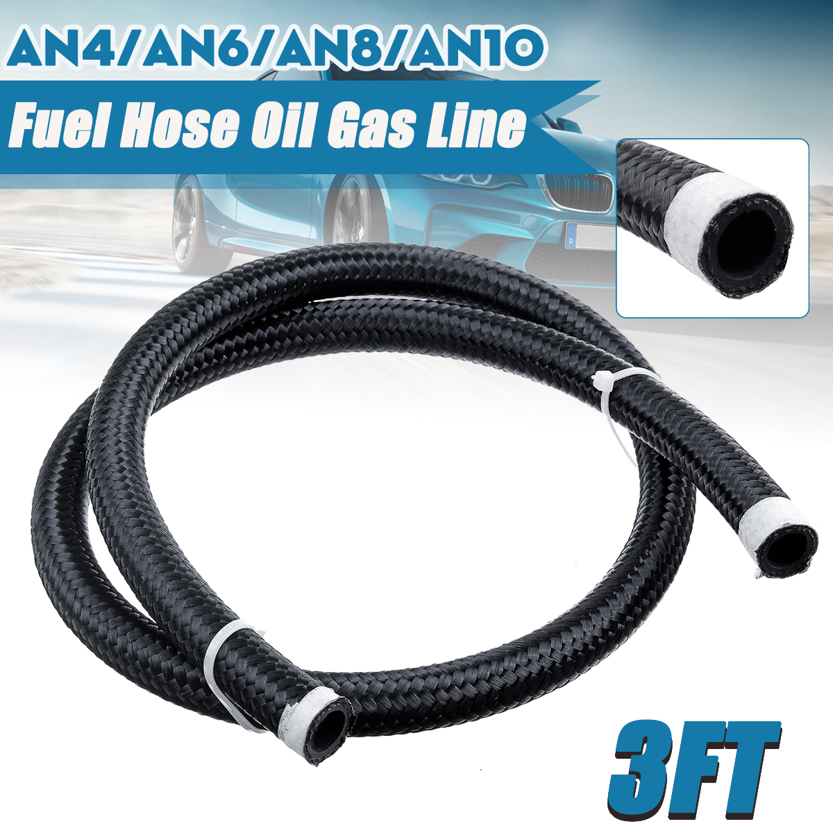 3FT-AN4AN6AN8AN10-Car-Fuel-Hose-Oil-Gas-Line-Nylon-Stainless-Steel-Braided-Black-1682427-1