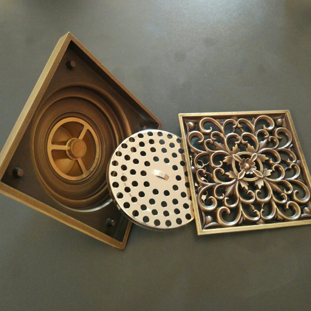 Antique-Brass-Square-Floor-Drain-for-Bathroom-Kitchen-w-Strainer-Grate-10X10X45cm-1139146-2