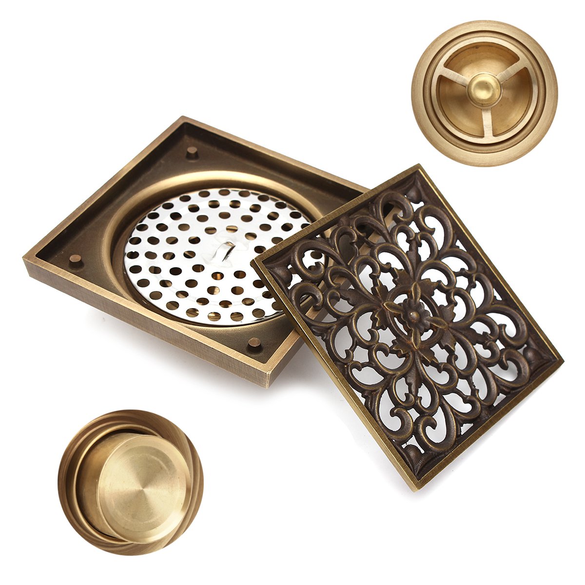 Antique-Brass-Square-Floor-Drain-for-Bathroom-Kitchen-w-Strainer-Grate-10X10X45cm-1139146-4