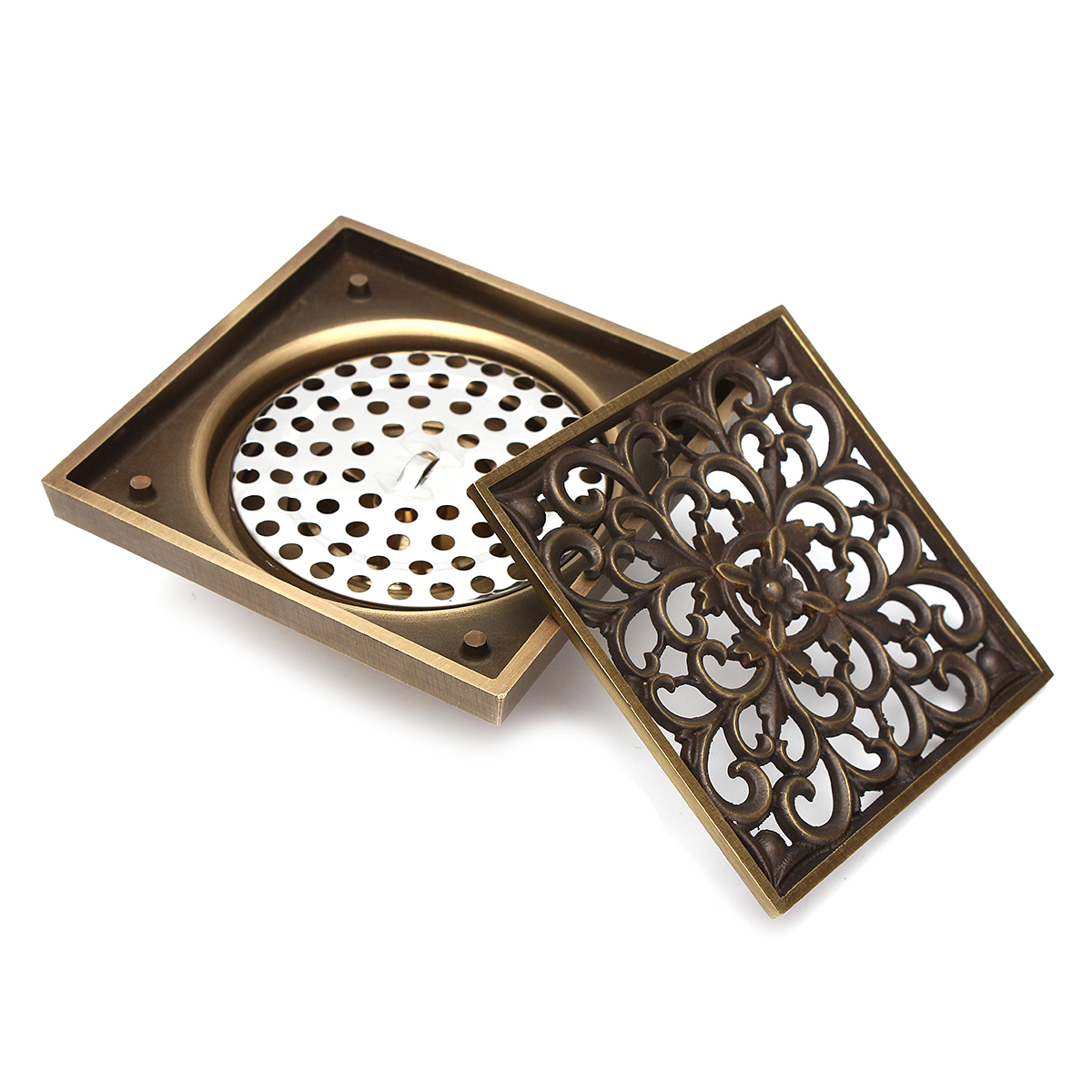 Antique-Brass-Square-Floor-Drain-for-Bathroom-Kitchen-w-Strainer-Grate-10X10X45cm-1139146-6