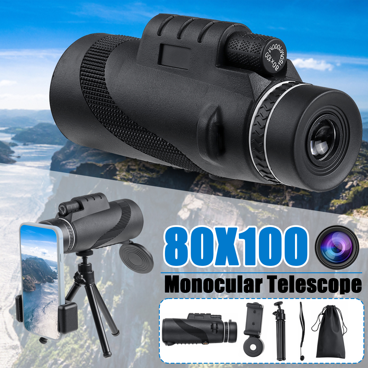 80X100-HD-Monocular-Telescope-Phone-Camera-Zoom-Starscope-Hiking-Tools-With-Tripod-1930709-1