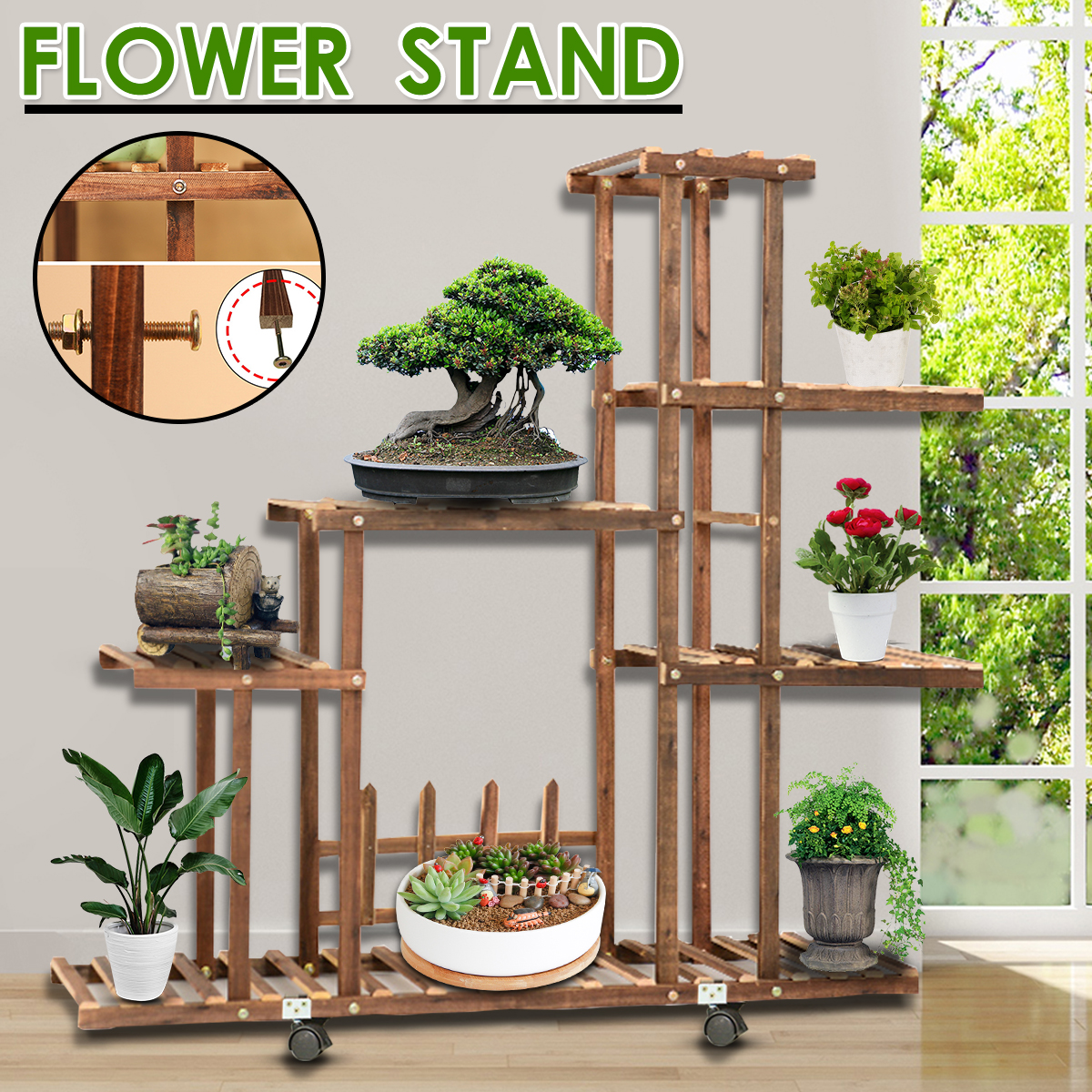 5-Tier-Fir-Wood-Wooden-Plant-Flower-Display-Stand-Shelf-Rack-Holder--Wheels-1634641-1