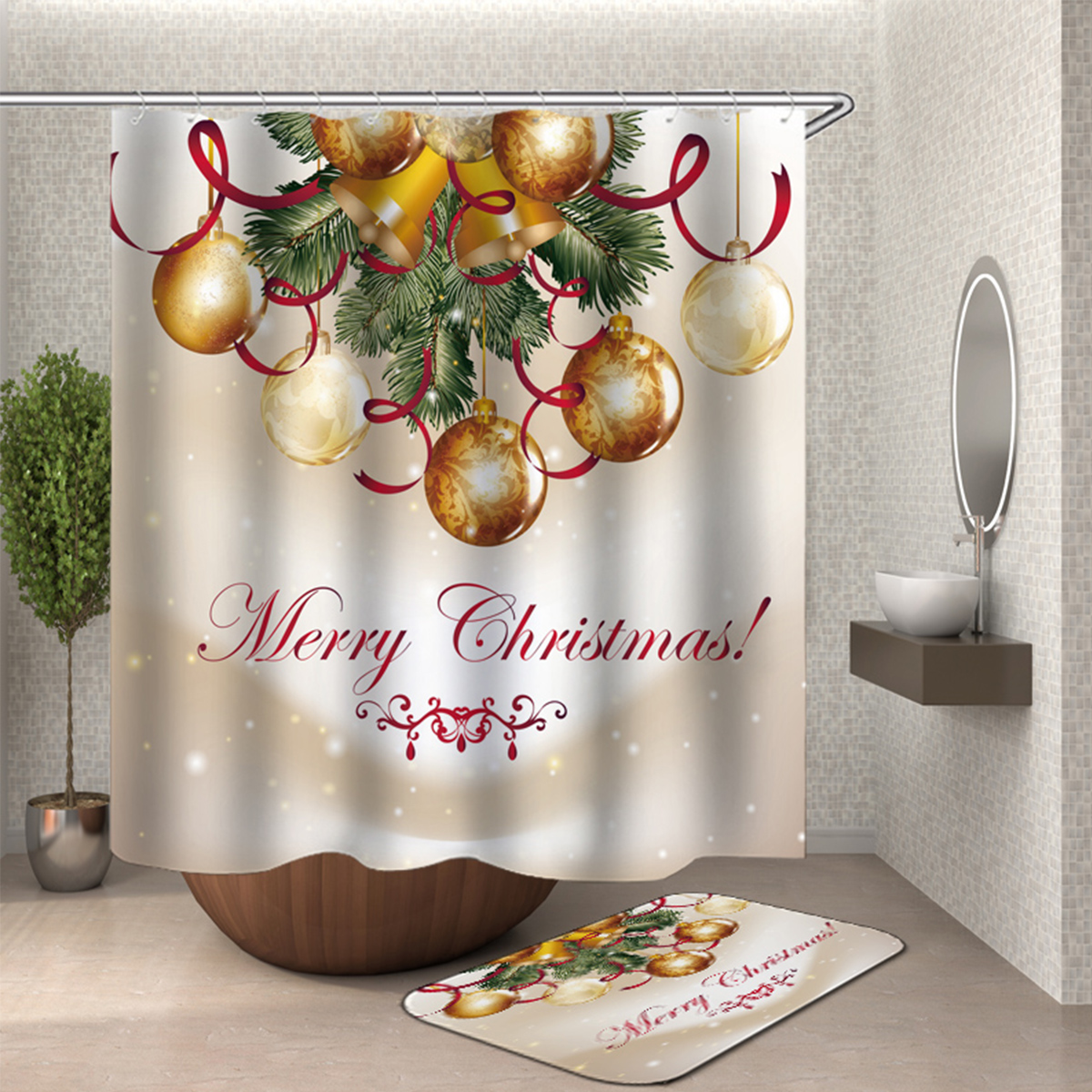 180x180cm-Merry-Christmas-Waterproof-Bath-Shower-Curtain-Toilet-Non-slip-Cover-Mat-Rug-Set-1573539-4