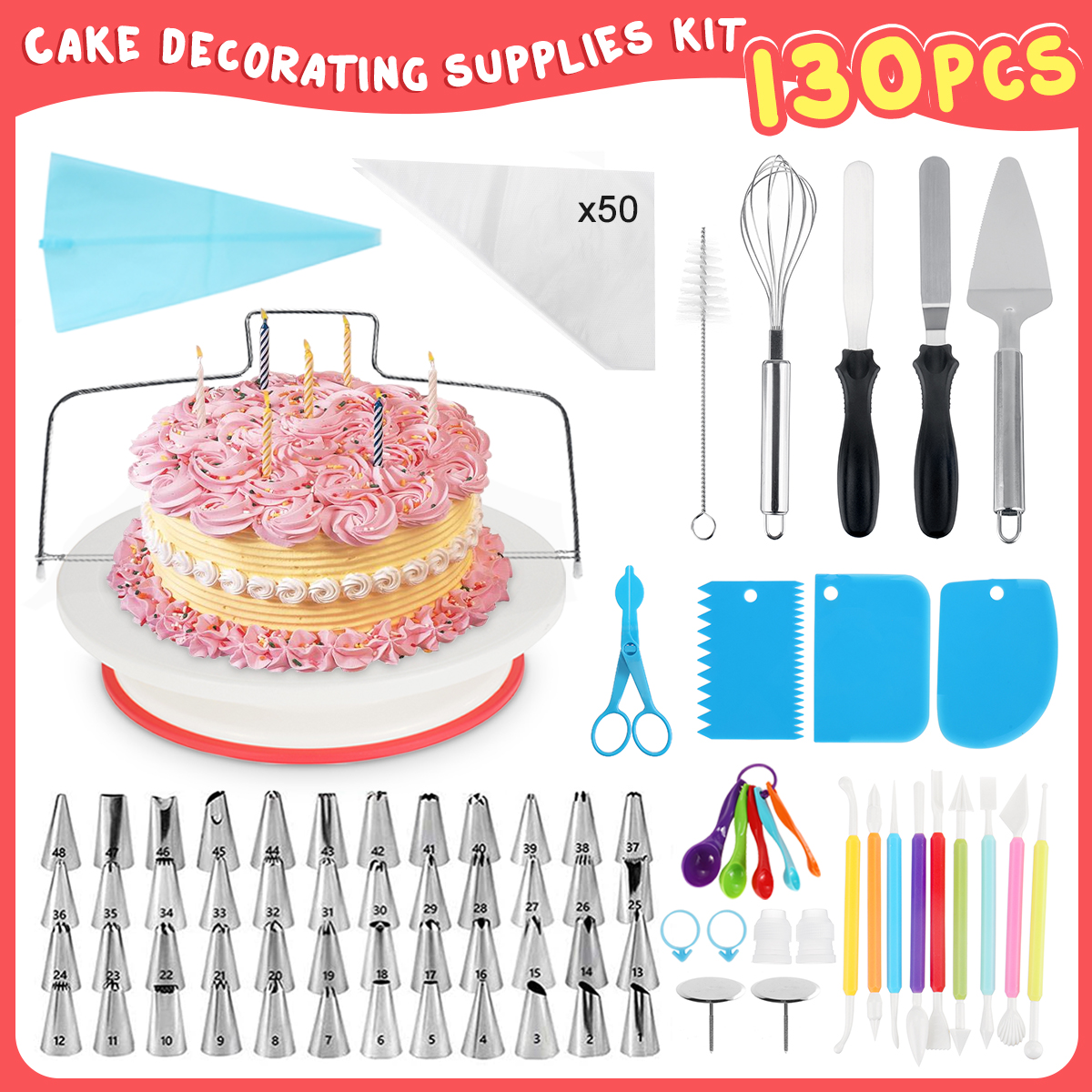 130Pcs-Cake-Decorating-Kit-Baking-Fondant-Supplies-Turntable-Bag-Tip-Spatula-Tools-Kit-1762483-1