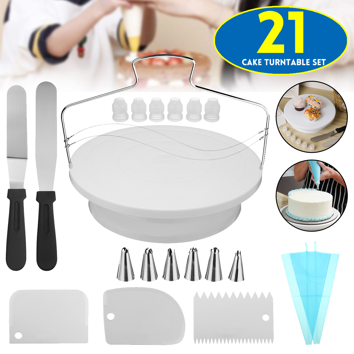 21pcs-Cake-Decorating-Tool-Kit-Baking-Fondant-Supplies-Turntable-Bag-Tip-Spatula-1796933-1