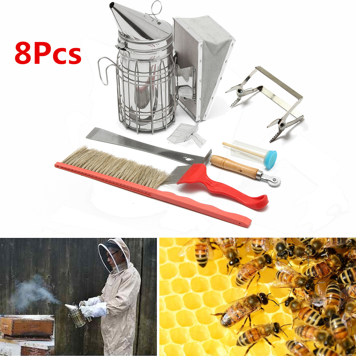 8PCS-BEE-Equipment-Smoker-Brush-Uncapping-Fork-Queen-Catcher-Comb-Tool-Beekeeping-1167561-1