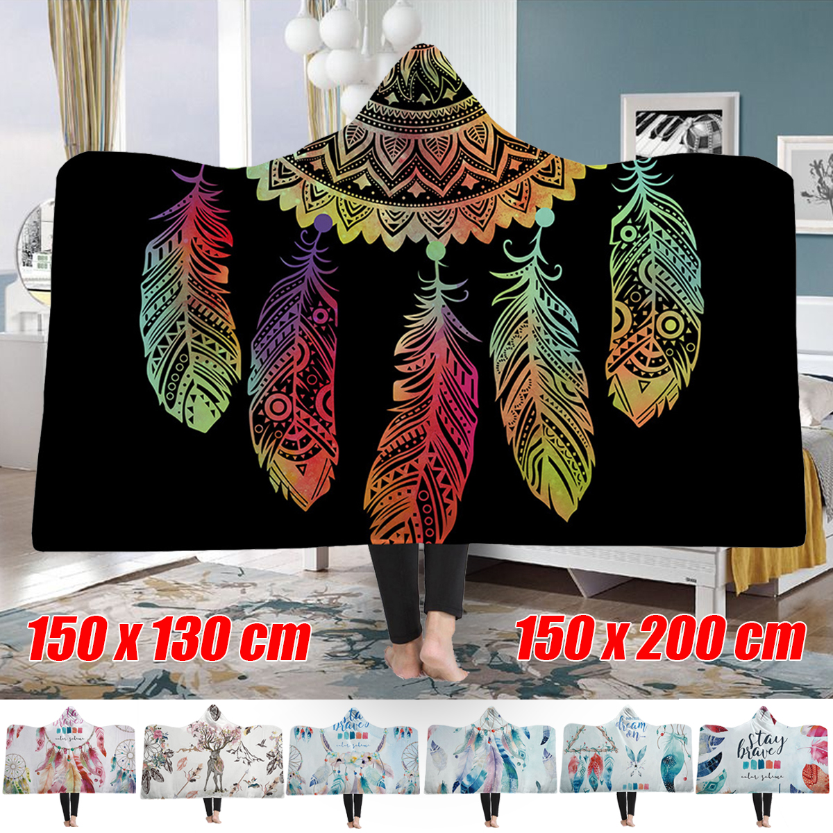 150x200cm-Bejirog-Hooded-Blanket-Adults-Child-Warm-Blankets-Wearable-Plush-Wrap-Mat-Thick-Nap-Soft-1636607-2