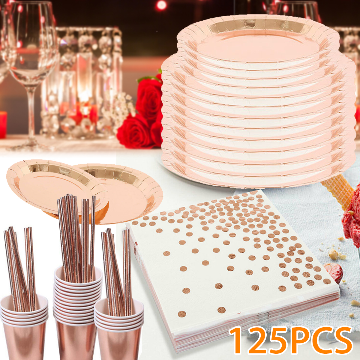 125pcs-Party-Disposable-Tableware-Set-Festival-Paper-Cups-Camping-Fork-Spoon-Rose-Gold-Plates-Straws-1662319-1