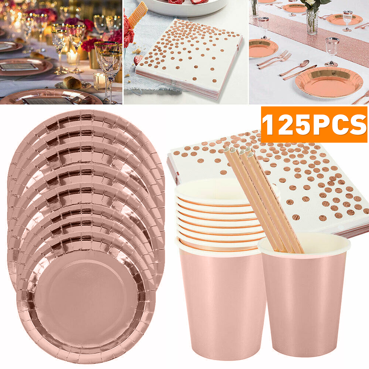 125pcs-Party-Disposable-Tableware-Set-Festival-Paper-Cups-Camping-Fork-Spoon-Rose-Gold-Plates-Straws-1662319-2