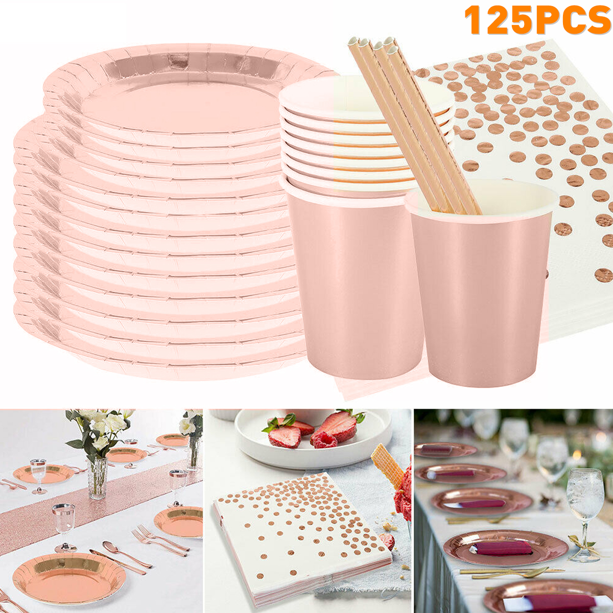 125pcs-Party-Disposable-Tableware-Set-Festival-Paper-Cups-Camping-Fork-Spoon-Rose-Gold-Plates-Straws-1662319-3