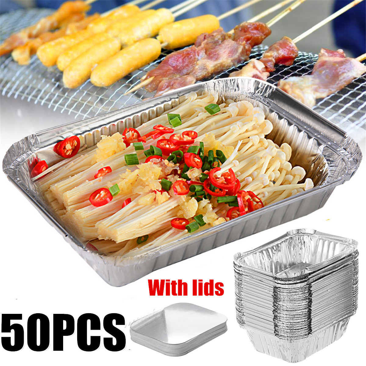 50PCS-Aluminum-Foil-Trays-BBQ-Disposable-BBQ-Mat-Food-Container-Baking-Pan-With-Lids-1615311-1