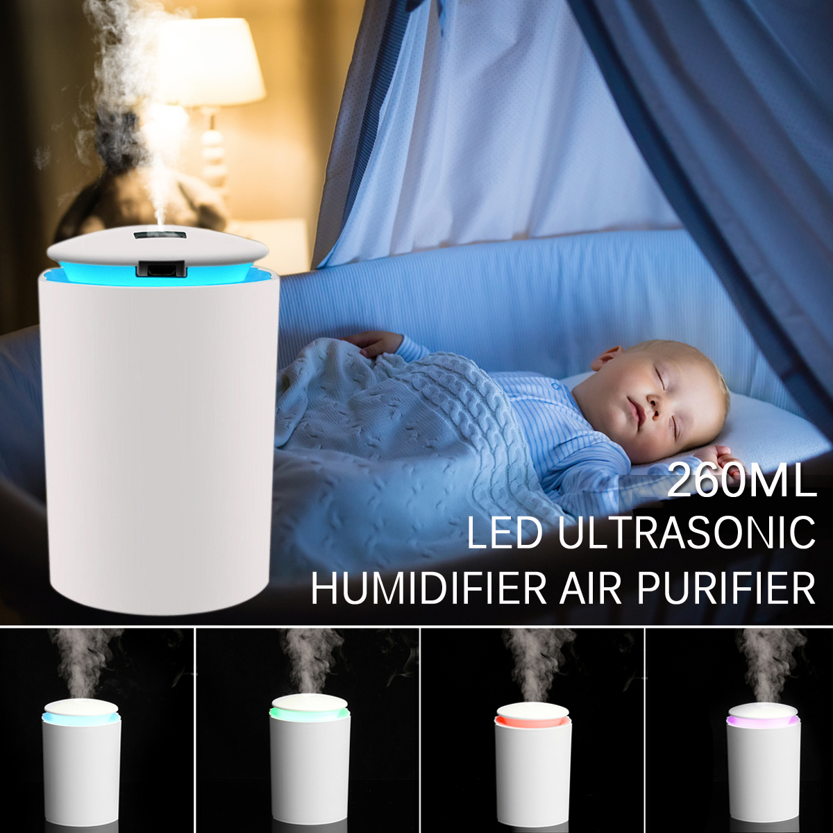 260ml-Air-Purifier-Mist-Ultrasonic-Humidifiers-LED-Lights-Washable-Home-Camping-Travel-1700971-1