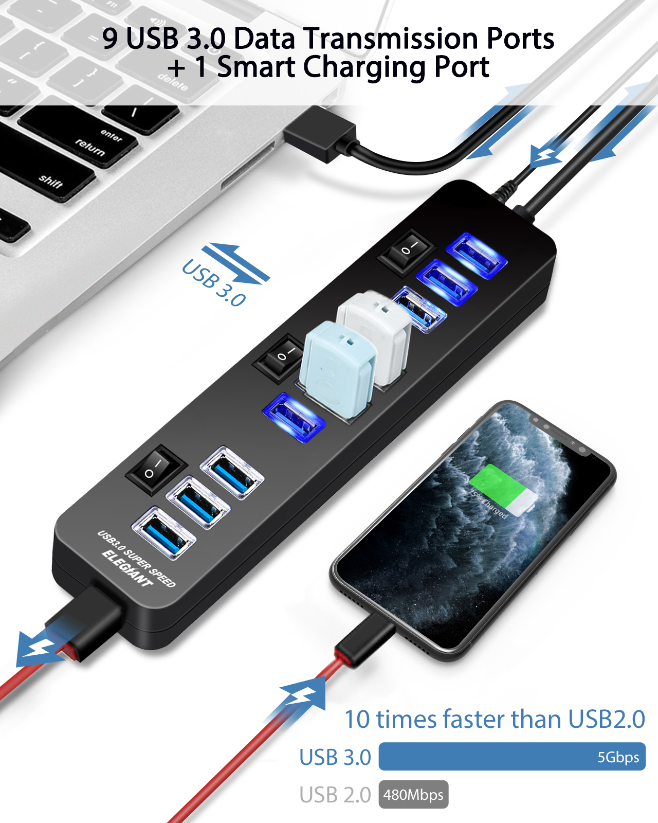 10-Port-USB-Hub-9-Port-USB30-Data-Hub--1-Smart-Charging-Port-with-OnOff-Switches-Power-Adapter-5V4A--1887293-2