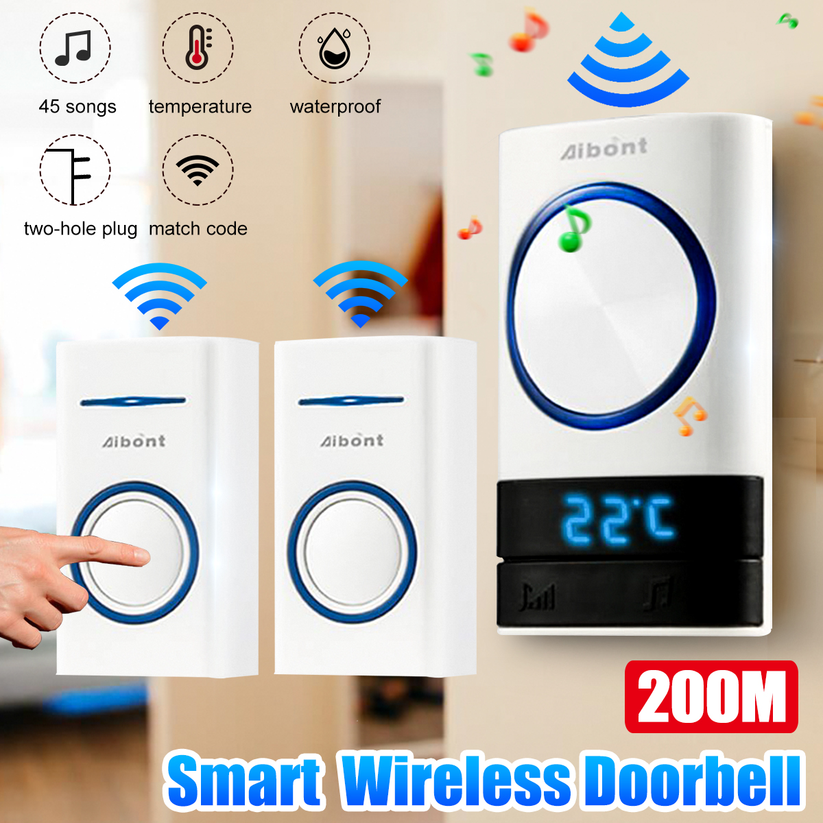 Smart-Wireless-Doorbell-45-Songs-Polyphonic-Ringtones--200m-Transmission-1722536-1
