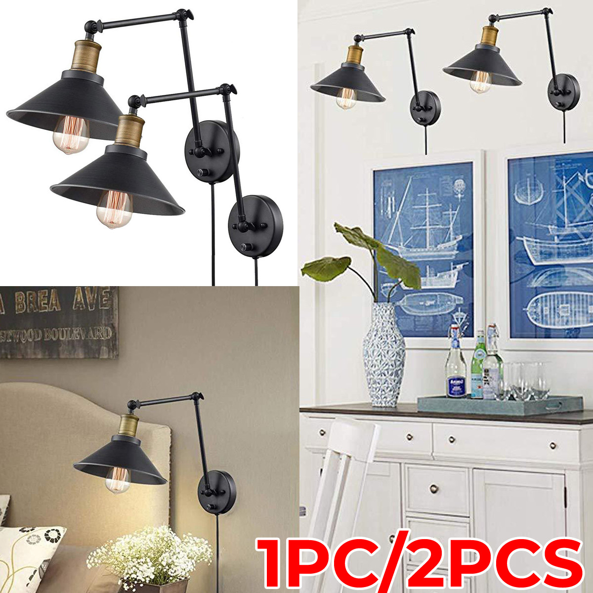 1PCS2PCS-60W-110V-US-Plug-Industrial-Black-Sconce-Adjustable-Swing-Arm-Angle-Vintage-Wall-Mount-Plug-1934780-1