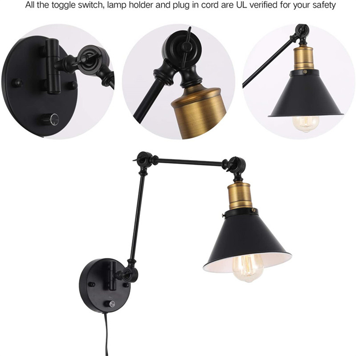 1PCS2PCS-60W-110V-US-Plug-Industrial-Black-Sconce-Adjustable-Swing-Arm-Angle-Vintage-Wall-Mount-Plug-1934780-3