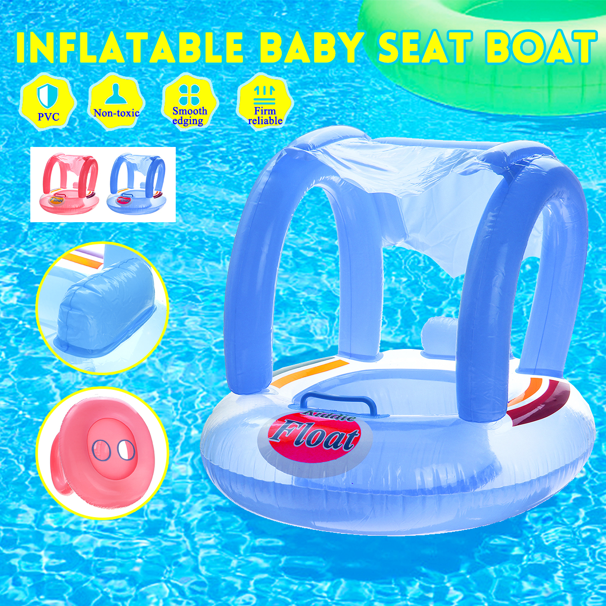 Kids-Baby-Swim-Seat-Boat-Inflatable-Float-Cushion-Sunshade-Swimming-Ring-BluePink-1514902-1