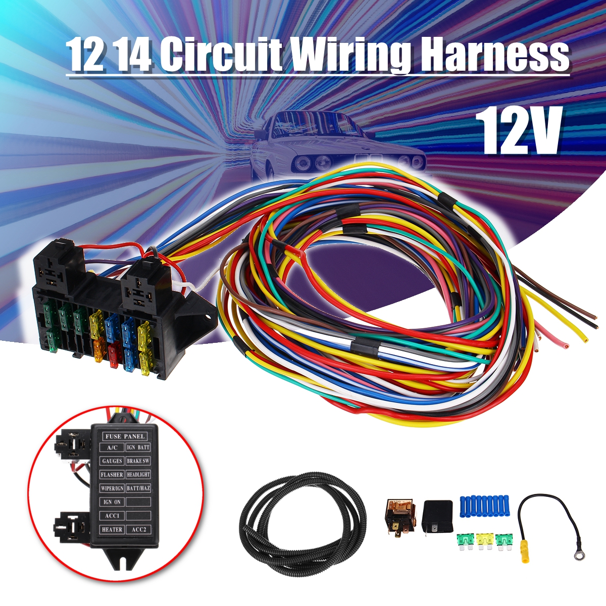 14-Circuit-Universal-Wiring-Harness-Bumper-Wire-Kit-12V-Durability-Car-Hot-Rod-Street-Rod-XL-Wires-1556783-1