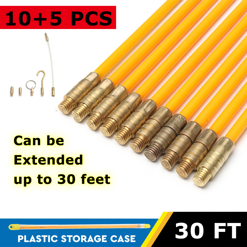 15Pcs-30FT-Fiberglass-Running-Cable-Wire-Kit-Coaxial-Electrical-Cable-Installing--Rods-Tool-1289904-2