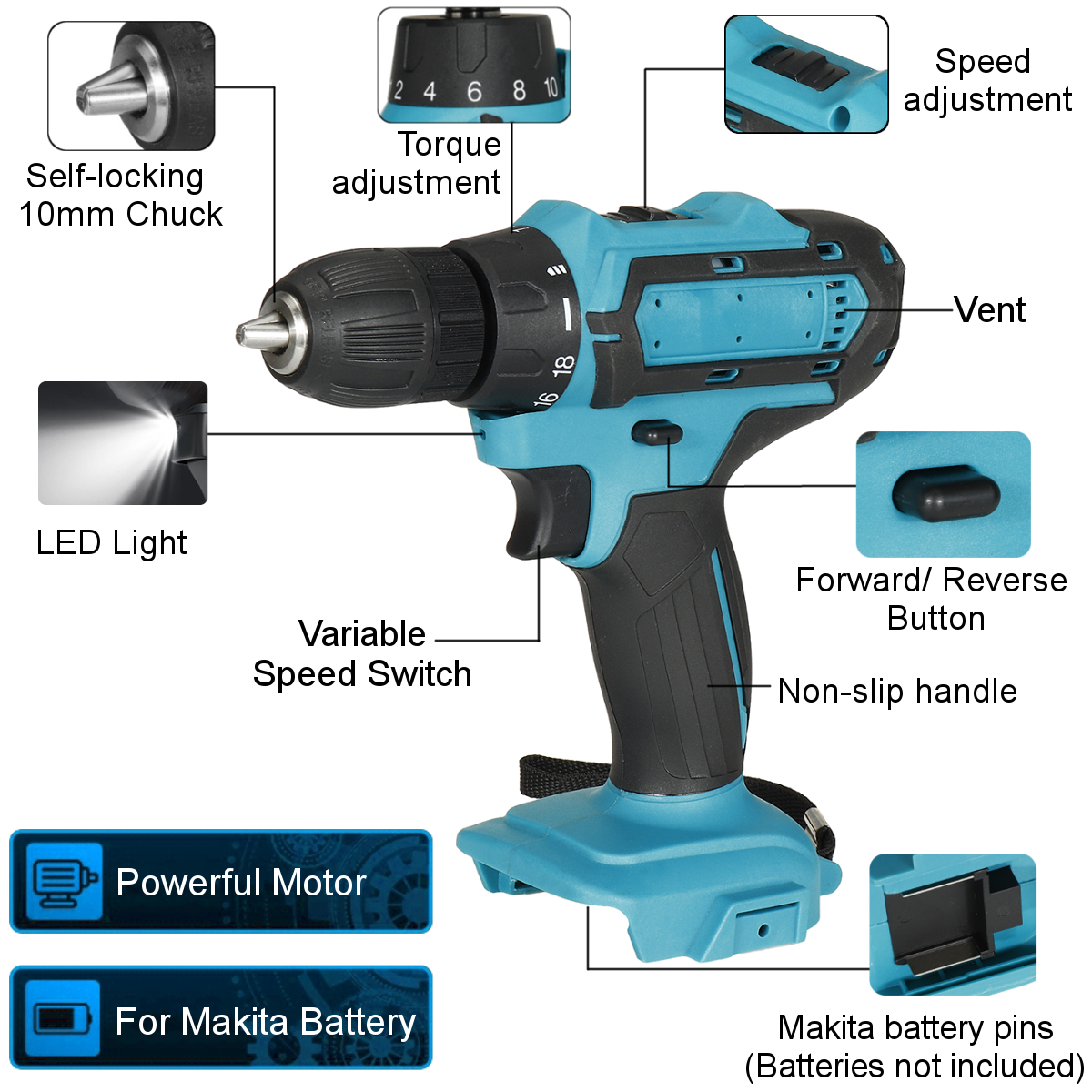 10mm-Chuck-520Nm-Cordless-Electric-Drill-Driver-Replacement-for-Makita-18V21V-Battery-1789711-9