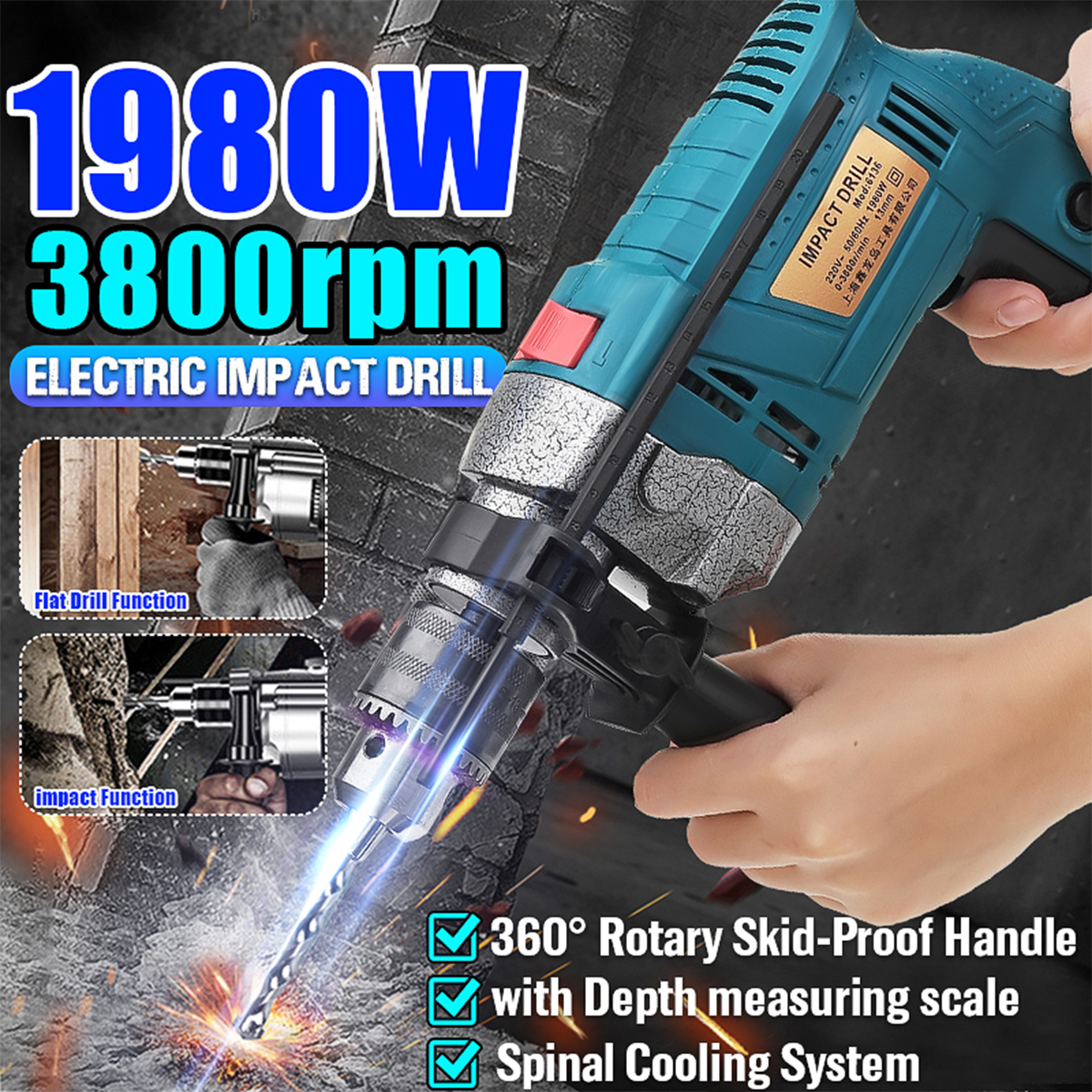 1980W-3800rpm-Electric-Impact-Drill-360deg-Rotary-Skid-Proof-Handle-With-Depth-Measuring-Scale-Spina-1715301-1