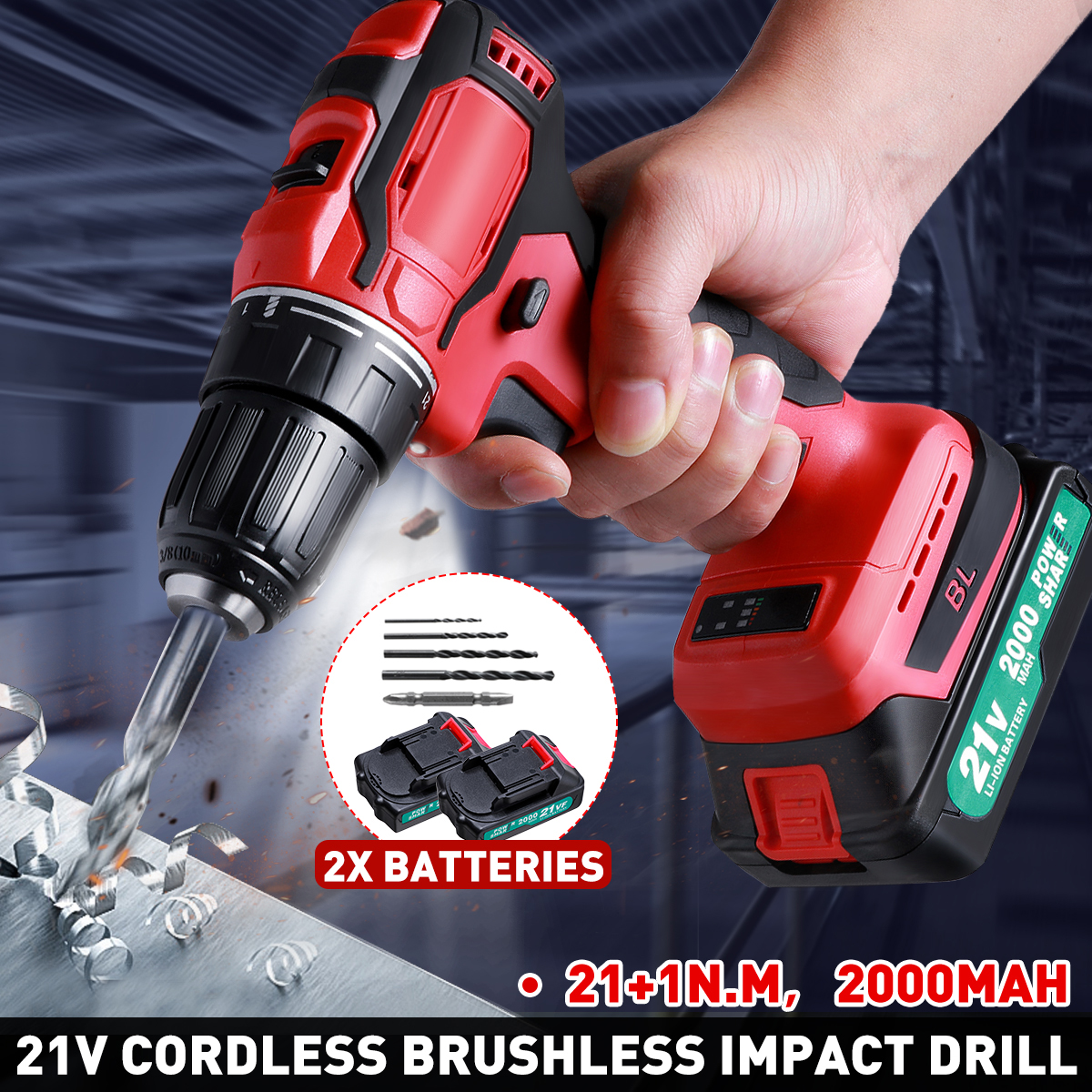 2000mAh-211NM-LED-Cordless-Electric-Drill-2-Speeds-Impact-Drill-W-None1pc2pcs-Battery-1785619-1