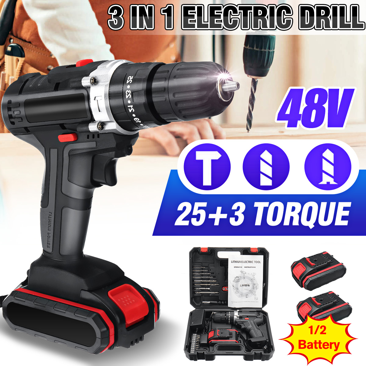 21V-22800mAh-Cordless-Rechargable-3-In-1-Power-Drills-Impact-Electric-Drill-Driver-With-1-Or2-Pcs-Ba-1877468-5
