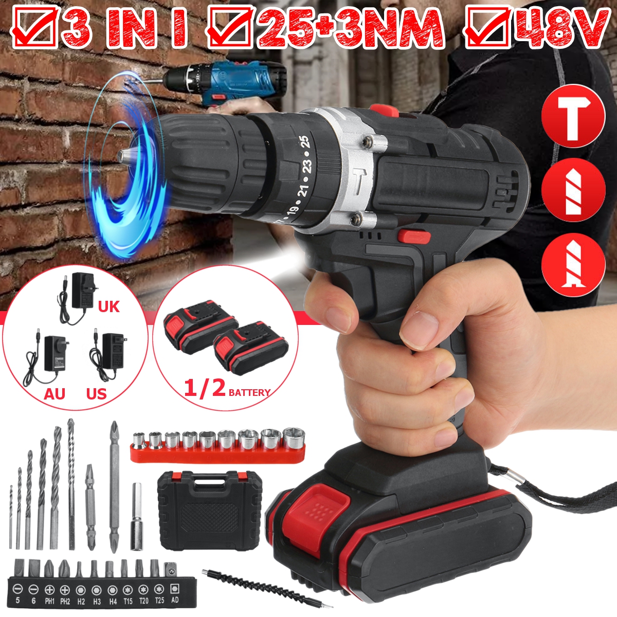 21V-22800mAh-Cordless-Rechargable-3-In-1-Power-Drills-Impact-Electric-Drill-Driver-With-1-Or2-Pcs-Ba-1877468-8