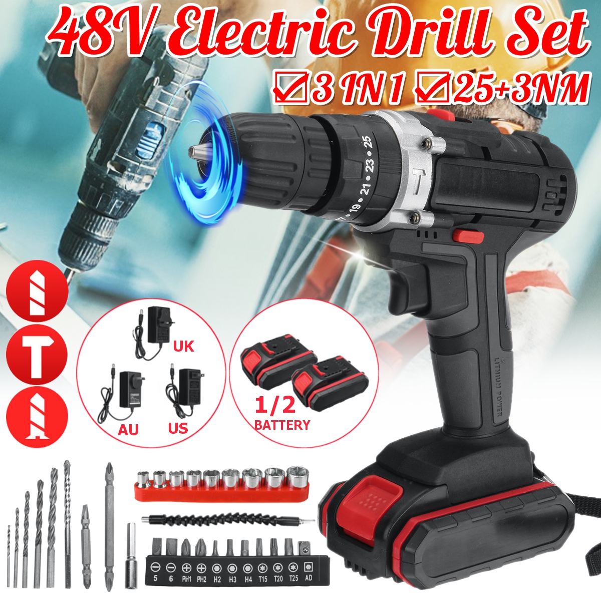 21V-22800mAh-Cordless-Rechargable-3-In-1-Power-Drills-Impact-Electric-Drill-Driver-With-1-Or2-Pcs-Ba-1877468-9