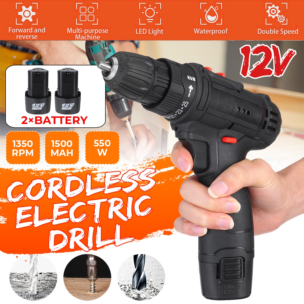 3-in-1-12V-Cordless-Electric-Impact-Hammer-Drill-Screwdriver-Metal-Wood-Drilling-Tool-W-2pcs-Battery-1787626-2