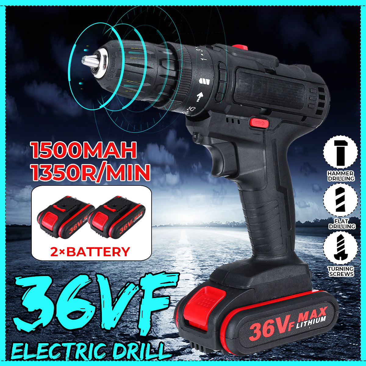 3-in-1-36V-550W-Cordless-Electric-Impact-Hammer-Drill-Screwdriver-2-Speeds-W-2pcs-Battery-1783991-1