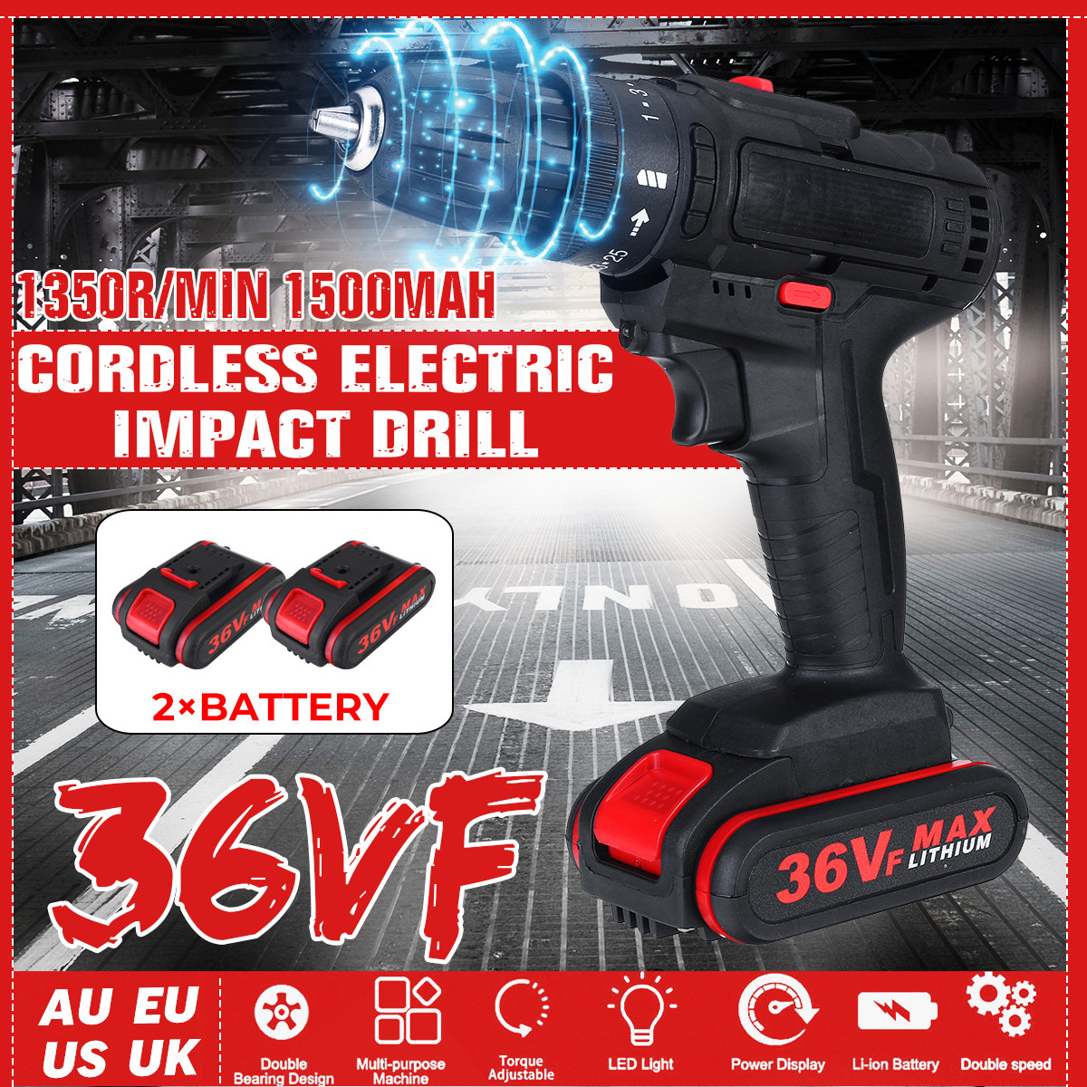 3-in-1-36V-550W-Cordless-Electric-Impact-Hammer-Drill-Screwdriver-2-Speeds-W-2pcs-Battery-1783991-2