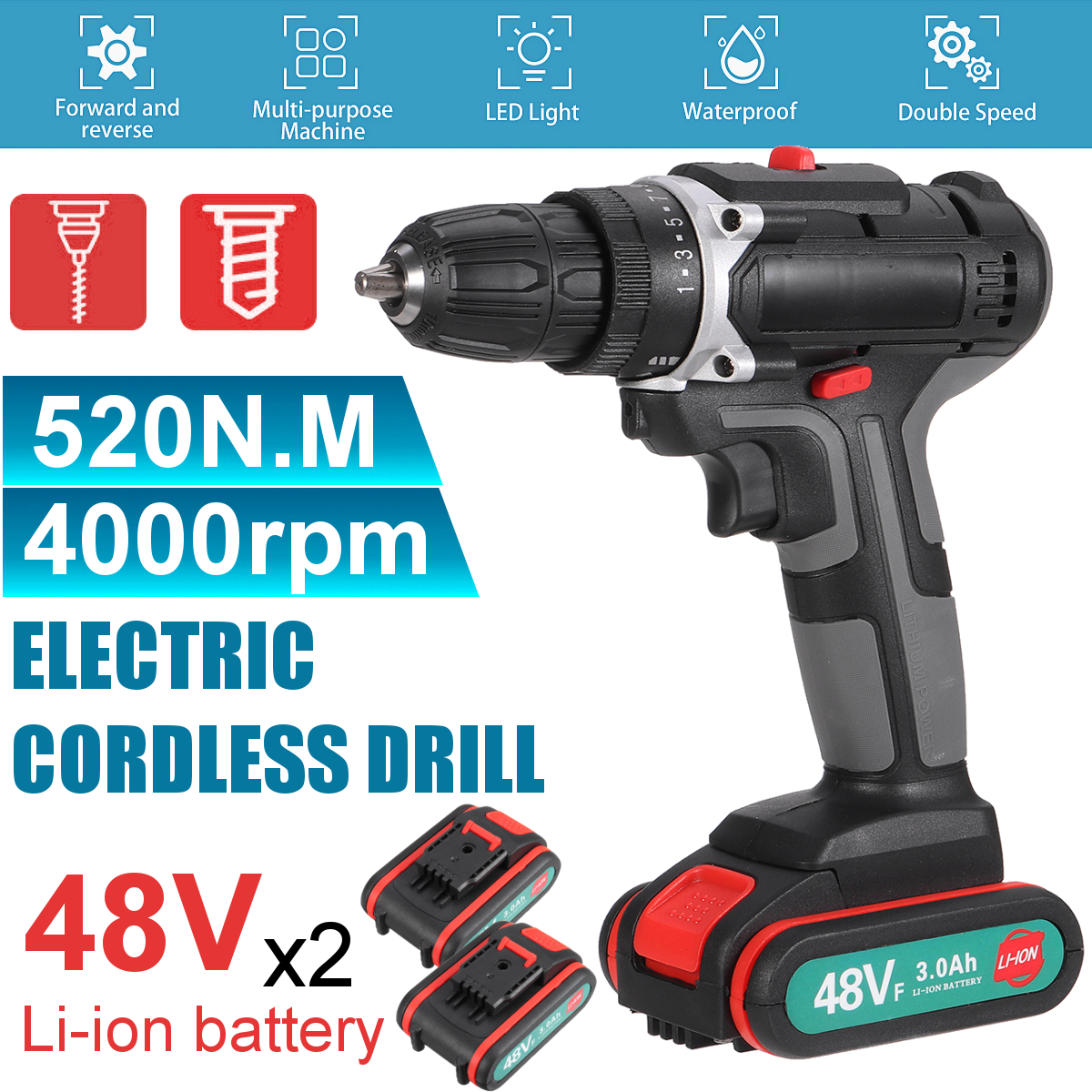 520Nm-48V-Cordless-Electric-Drill-Driver-38-Chuck-Rechargeable-Power-Drill-W-2pcs-Battery-1752199-1