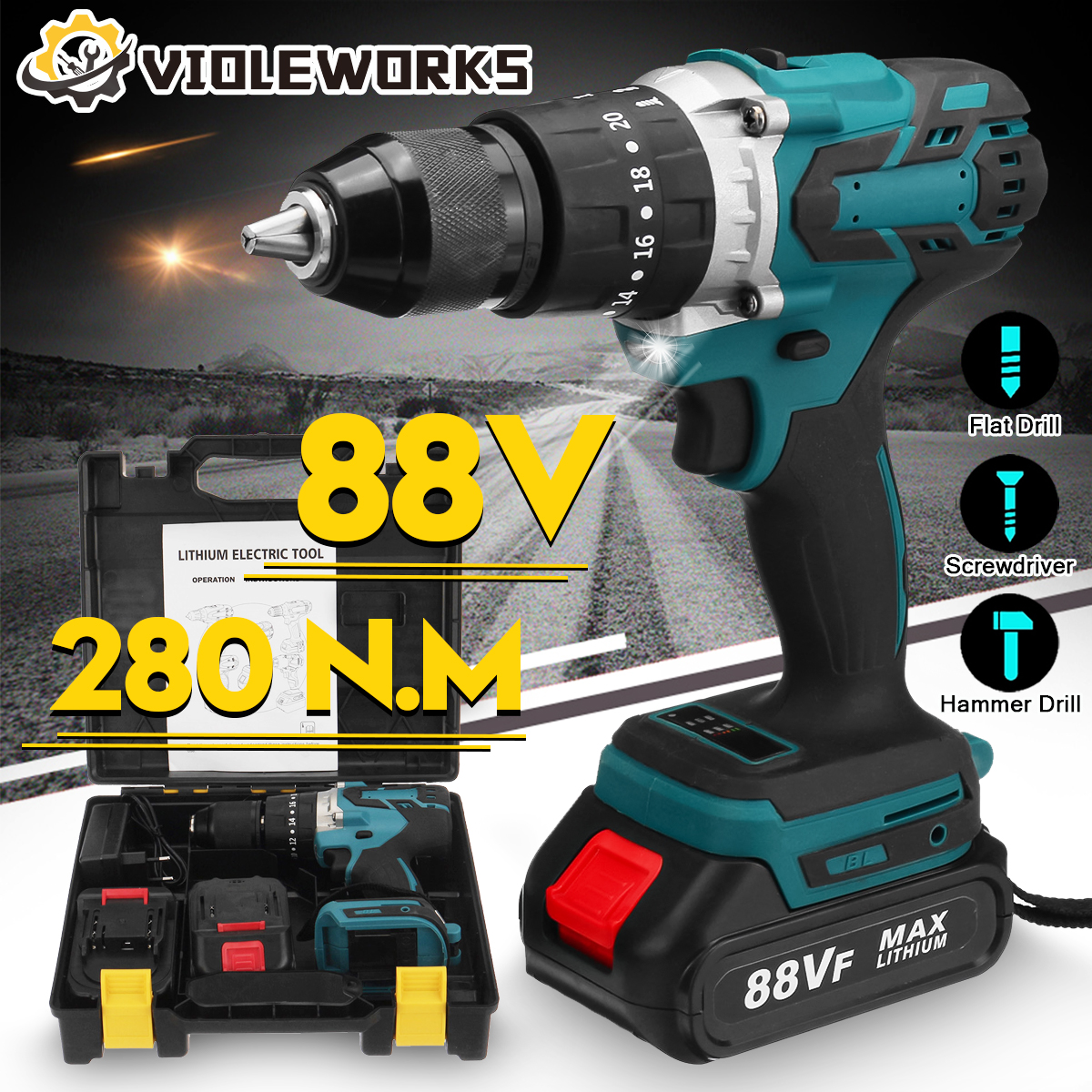 88VF-3-IN-1-Cordless-Brushless-Drill-Electric-Screwdriver-Hammer-Impact-Drill-203-Torque-W-12pcs-Bat-1854945-1