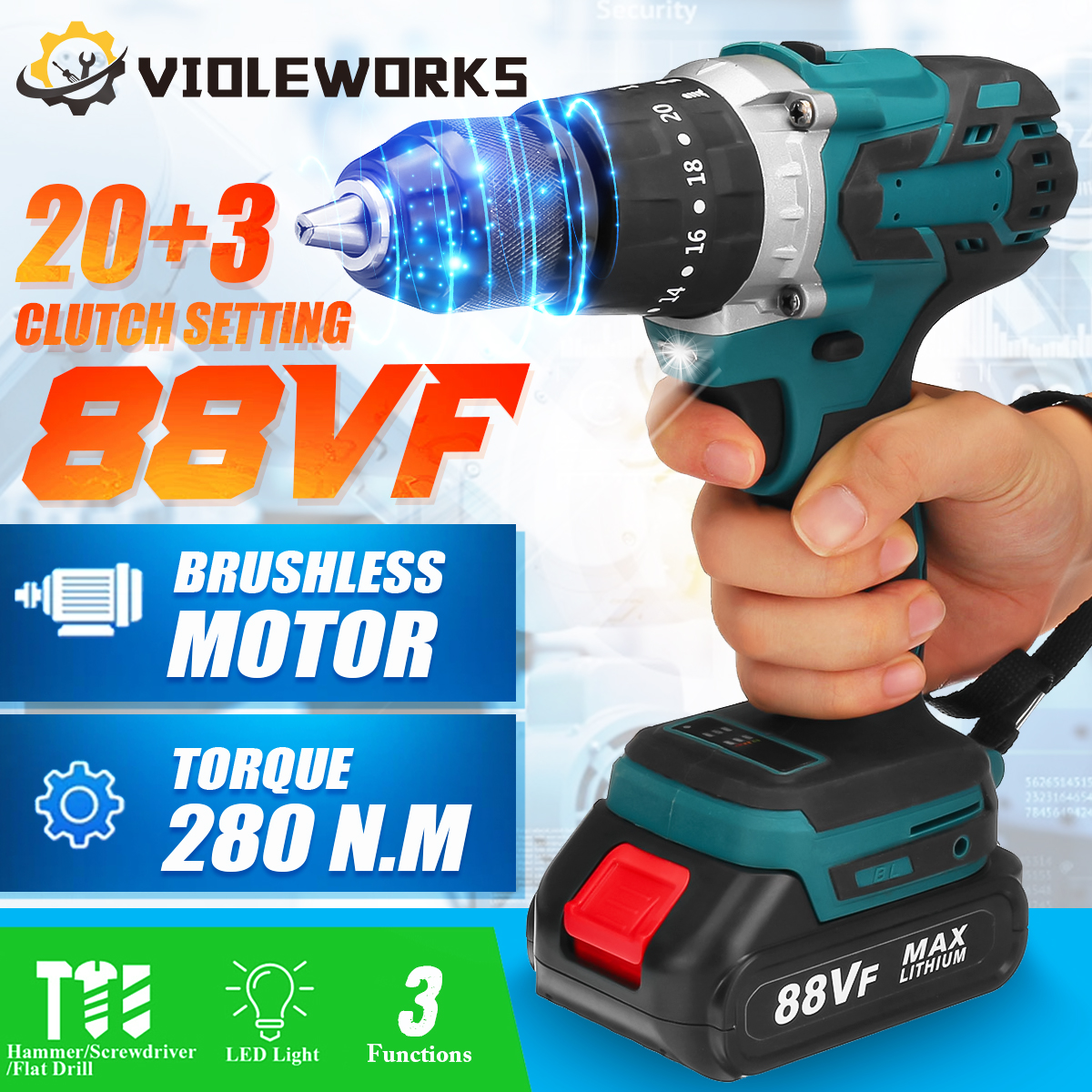 88VF-3-IN-1-Cordless-Brushless-Drill-Electric-Screwdriver-Hammer-Impact-Drill-203-Torque-W-12pcs-Bat-1854945-2